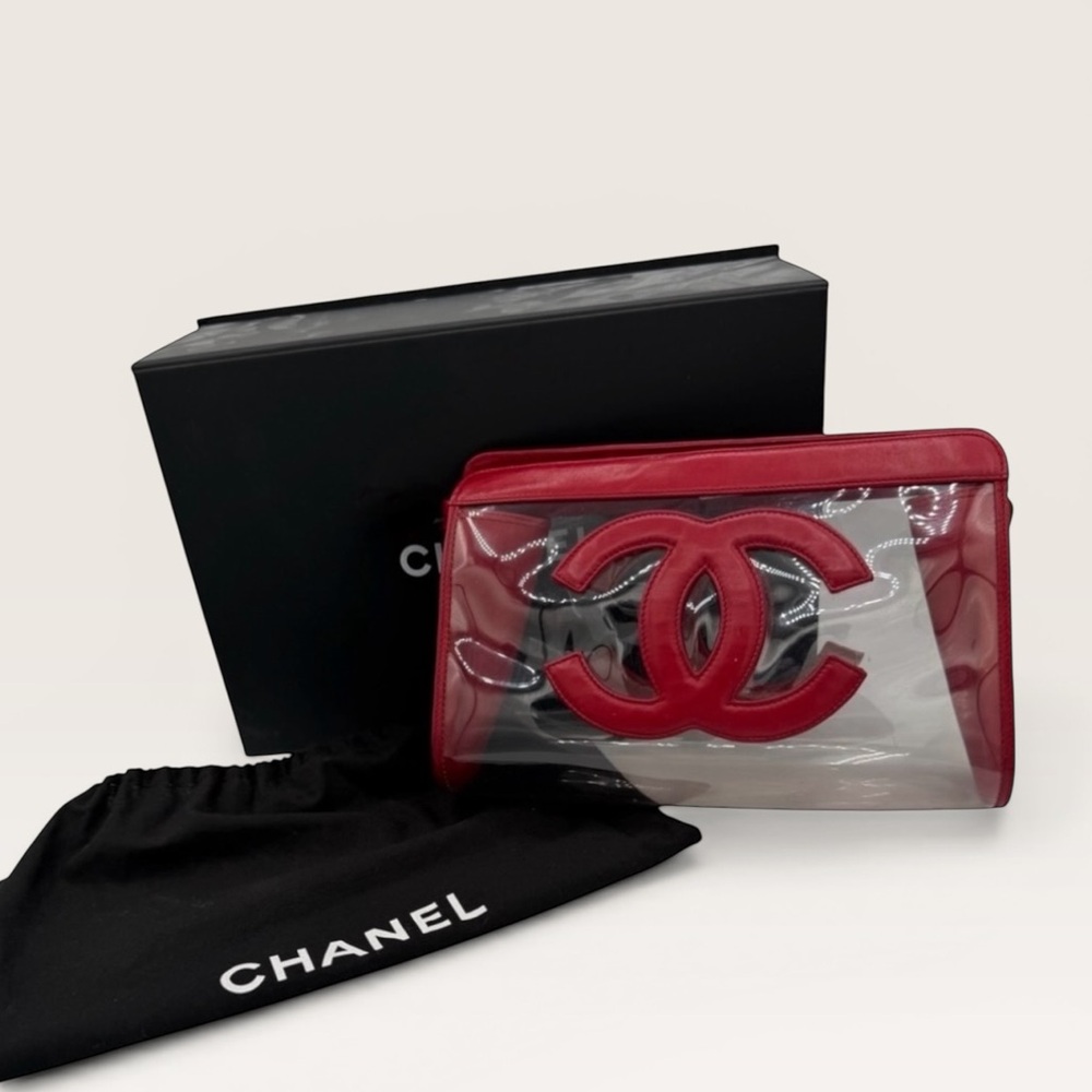 Vintage Chanel Clear PVC Clutch Red CC Logo Bag 1990s Rare - Picture 1 of 5